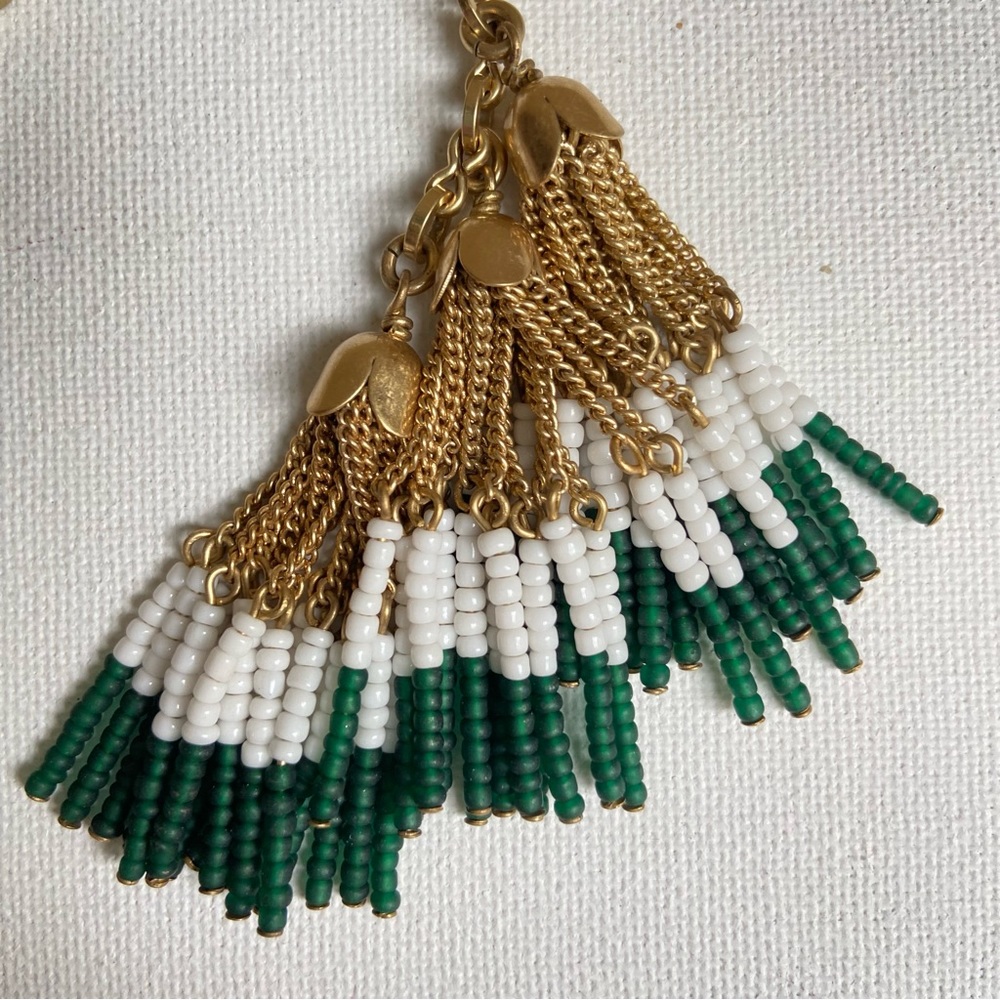 J. Crew glass bead tassel necklace on long goldtone chain in green and white - Picture 4 of 9
